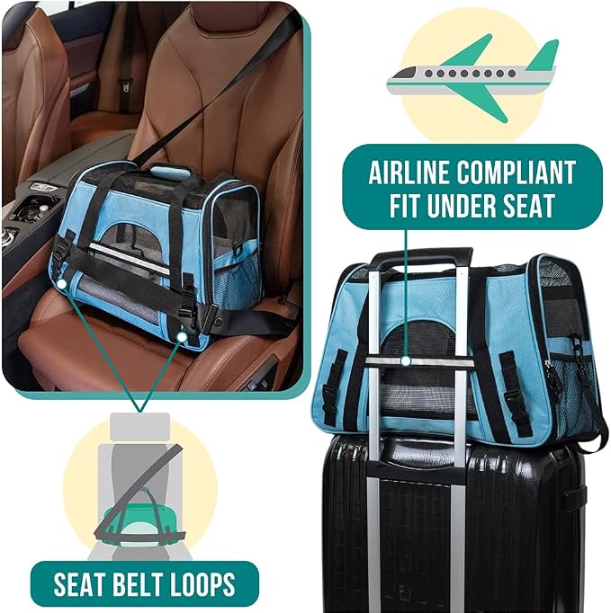 PetAmi Airline Approved Pet Carrier for Cats & Small Dogs, Large Light Blue | Soft Sided TSA Travel Bag, Sherpa Bed, Breathable Mesh Ventilation, Collapsible Bowl, Fits Under Seat, Up to 18 lbs