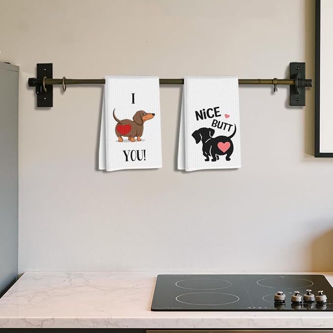 2 Pcs Dachshund Kitchen Towels 24x14 Inch, Dachshund Gifts Reusable Dish Towels for Kitchen Bathroom Decor, Waffle Weave I Love You Hand Cloth Tea Towel, Cute Dog Valentine's Gifts for Girlfriend Wife