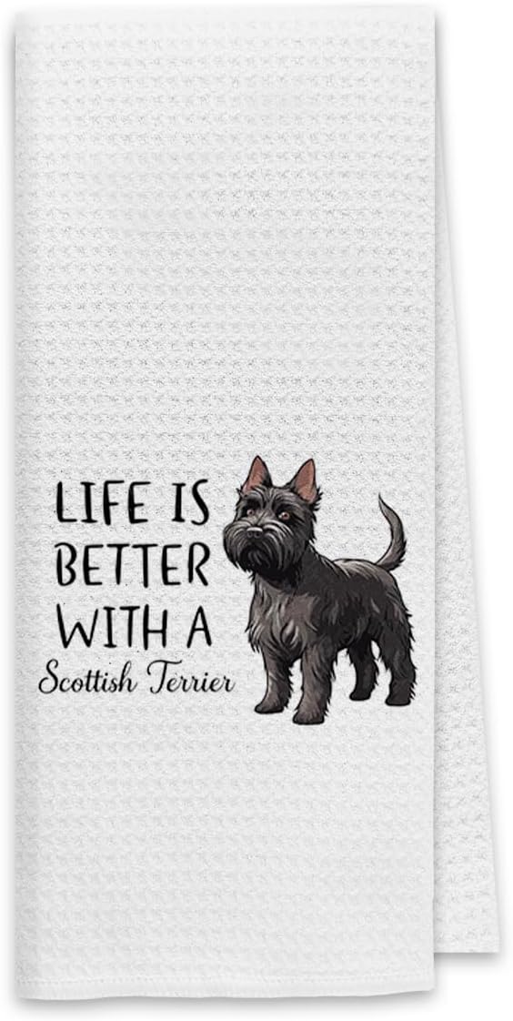 Dibor Life is Better with A Scottish Terrier Kitchen Dish Towels Dishcloth,Cute Puppy Dog Absorbent Drying Cloth Hand Towels Tea Towel for Bathroom Kitchen,Dog Lovers Girls Women Gifts