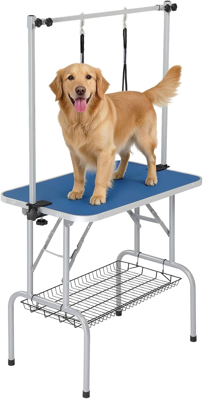 VINGLI Dog Grooming Table, Adjustable Cat Grooming Desktop with Arms and Storage Basket, Pet Grooming Stand at Home (Blue, 32 inch)
