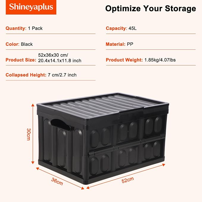 Plastic Collapsible Storage Bins with Lids, | 45L Stackable Plastic Crates, Holds 55 lbs Per Bins, Heavy Duty Containers for Home Organizing, Garage Tools & Camping