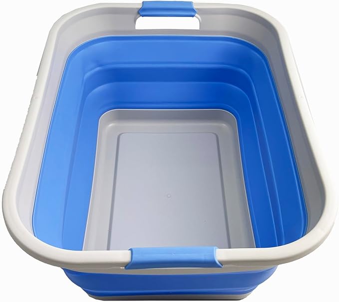 SAMMART 41L (10.8 gallon) Collapsible Plastic Laundry Basket - Foldable Pop Up Storage Container/Organizer - Portable Washing Tub - Space Saving (Grey/Little Boy Blue, Rectangular)