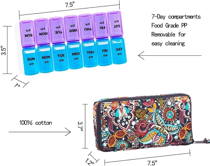 Weekly Pill Organizer 2 Times a Day, Zumd Pill Box 7 Day with Cute Quilted Fabric Zipper Case, Travel Pill Case Am Pm for Vitamin Medicine Organizer