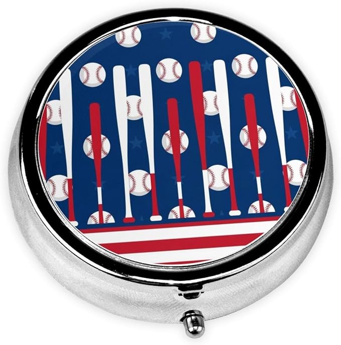 Purse Pill Case, Compact Round Holder for Vitamins, Travel Organizer Pocket Friendly, Moisture Proof Design for Women, Baseball Sport American Flag
