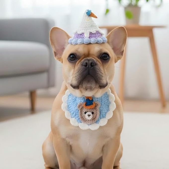 Handmade Knit Pet Birthday Costume – Adjustable Birthday Dog Hat & Teddy Bear Bandana for Cats and Small to Medium Dogs, Cute Outfit for Party, Holiday, Daily Wear & Photos