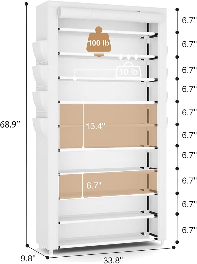 VTRIN Tall Shoe Rack with Cover, 10 Tier Shoe Organizer Storage for 50-55 Pairs Shoes and Boots Large Capacity Shoe Shelf with 8 Pockets Free Standing Shoe Rack for Closet, Entryway, Garage, White