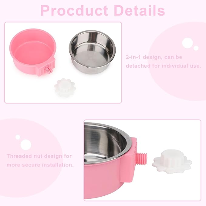 Crate Dog Bowl,Removable Stainless Steel Kennel Water Hanging Food & Water Feeder Crate Water Bowl No Spill for Puppy,Cat,Rabbit,Guinea Pig (Pink)