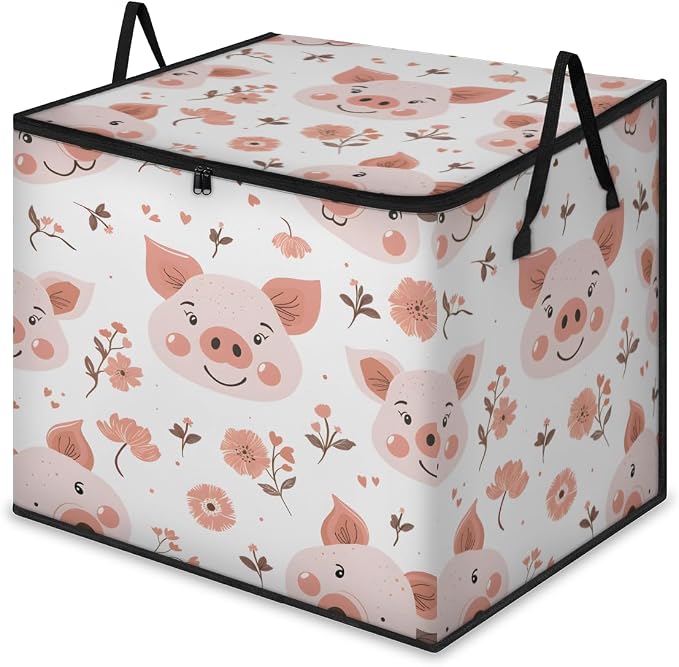 Floral Pig Large Storage Bags, Fabric Bed Storage Containers, Foldable Closet Organizers for Blanket, Clothing, Comforter, Bedding, Cute Pig