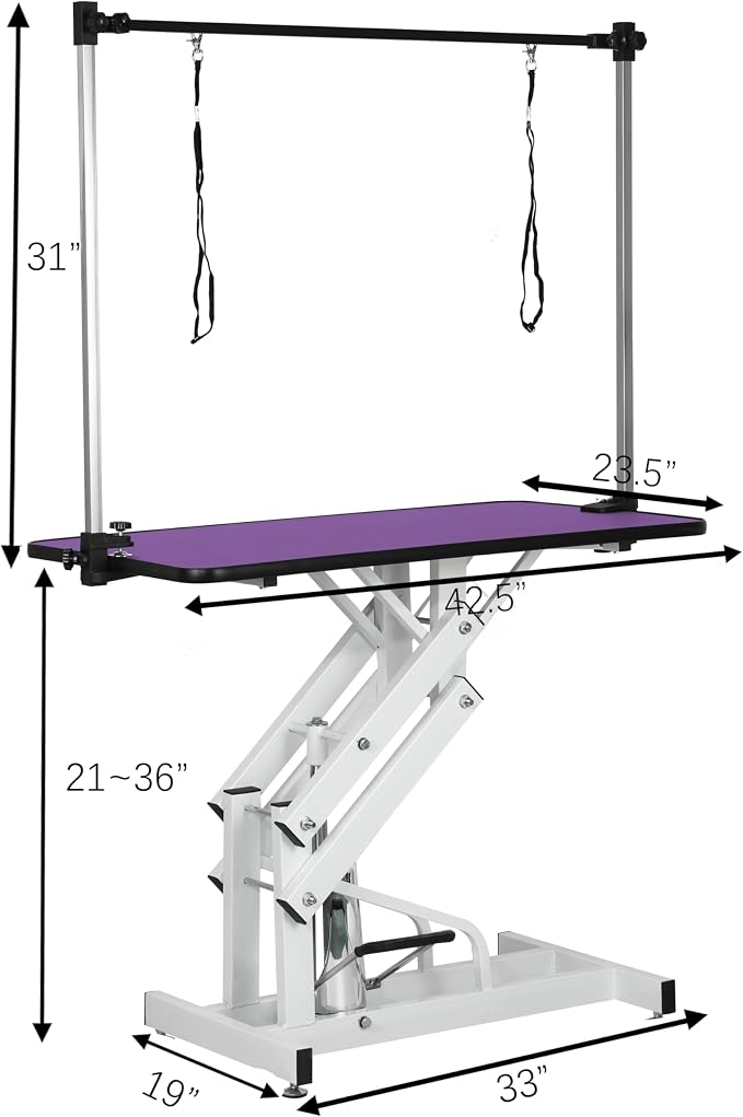 Hydraulic Dog Pet Grooming Table, 42 Inch Heavy Duty Professional Pet Grooming Station 21'' -36'' Height Adjustable for Large Dog at Home with Adjustable Overhead Arm, Clamp and Grooming Noose, Purple