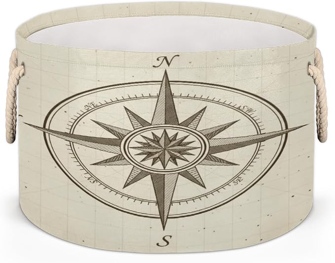 Large Storage Baskets - Vintage Nautical Compass Nursery Organizer Bin Box with Handles Collapsible Round Laundry Hamper for Kids Toys Pet Blanket, Bedroom Living Room Home Decor Gift Basket