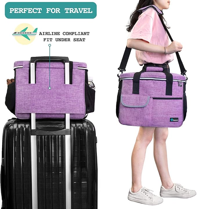 PetAmi Dog Travel Bag Organizer, Pet Supplies Diaper Tote, Purple Medium | Pet Travel Kit with 2 Food Containers & 2 Collapsible Dog Bowls, Luggage Sleeve, Weekend Getaway Road Trip Camping Essentials