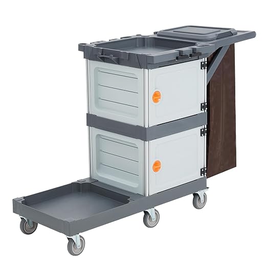 Commercial Janitorial Cart with 2 Cabinet, Traditional Janitorial 3-Shelf Cleaning Cart On Wheels, Plastic Housekeeping Cart with 30 Gallon Bag, 200 Lbs Load Capacity