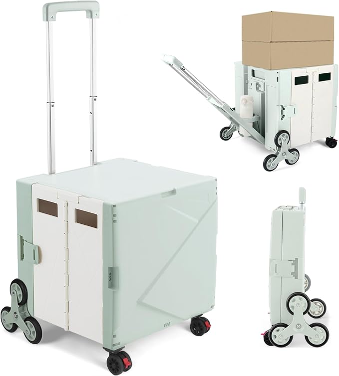 76L Folding Utility Cart Portable Rolling Crate Handcart Shopping Collapsible Tool Box with Stair Climbing Wheels,Hidden Lid,2 Rotate Wheels,for Grocery,Shopping,Office,Storage(Green White)