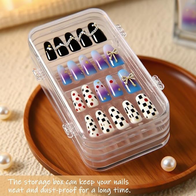 Tri-Fold Press on Nail Storage Box, Clear Organizer with Adhesive Tape | 4-Page design with 30 double sided tape sheets, PET plastic, travel portable case for fake nail art storage display