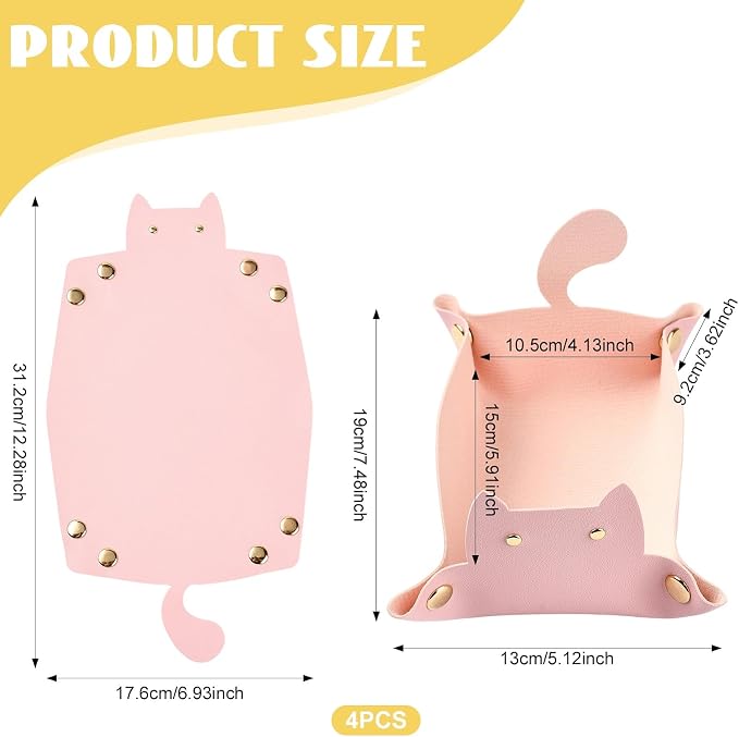 Craftdady 4 PCS Leather Valet Tray Foldable Pink Cat-Shaped Catchall Tray