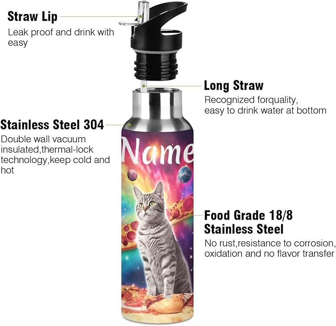 Custom Name Cat Pizza Planets Space Water Bottle with Straw Lid Kids Insulated Stainless Steel Water Flask Sports, 20 Oz Hot Cold
