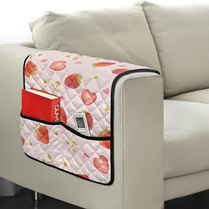Strawberry Stretch Armrest Cover Couch Arm Covers Washable Sofa Chair Arm Covers with 2 Pockets Furniture Protector Armchair Slipcovers for Recliner Home Decor Sofa Arms Rest Cover