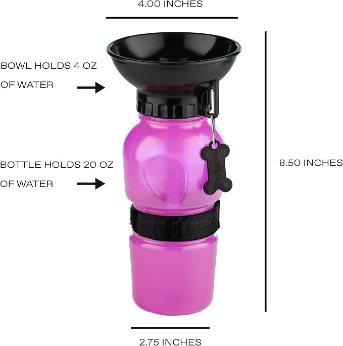 Highwave AutoDogMug Dog Water Bottle with Built-in Bowl, 20 oz, Pink