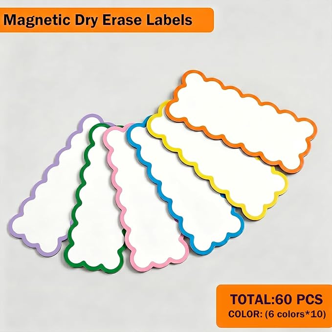 60 Pack Magnetic Dry Erase Labels, 3.2 x 1.3 in Colorful Reusable Name Tags for Whiteboard, Flexible Magnetic Strips for Classroom Organization, Refrigerator, Office & Lockers, 6 Colors