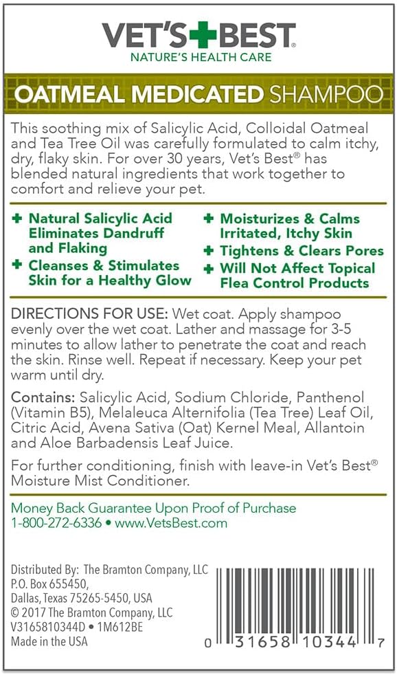 Vet's Best Medicated Oatmeal Shampoo for Dogs, Soothes Dry Itchy Skin, Moisturizes & Conditions Coat, Aloe Vera, Tea Tree Oil & Vitamin B5 Formula, Dog Dandruff & Sensitive Skin Relief, 16 oz