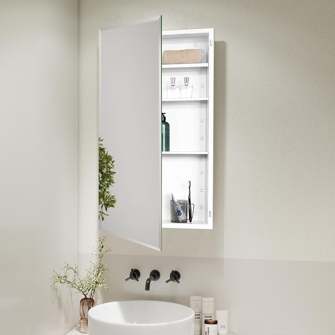 White Metal Medicine Cabinet, 20 x 36 Beveled Mirror, Surface Mount Storage | 20 x 36 Bathroom Mirror Cabinet with Adjustable Staggered Shelves, Continuous Piano Hinge, Reversible Door Swing, Matte White