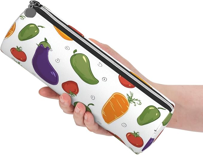 OSAM SPACE Leather Pencil Case Round Pencil Bag Colorful Vegetables Pen Organizer Holder Portable Zipper Pouch Cute School Supplies for Girls Boys Study Office
