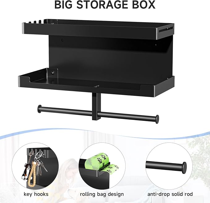 Dog Leash Holder for Wall, Leashes Hanger, Wall Mounted Dog Stuff Storage and Organizer, Metal Key Holder Pet Leash Hooks for Leashes, Training Treats, Chew Toys, Keys, Large (Black)
