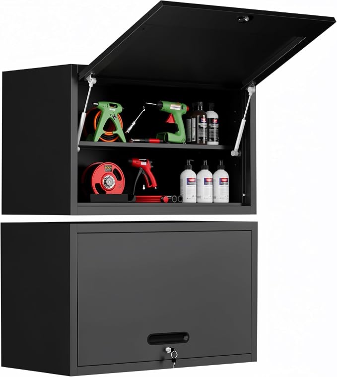 Metal Storage Cabinet for Garage, Tool Cabinet, Utility Cabinet | Wall Mounted, Hanging Tool Cabinet, Lockable, Flip-up Cabinet Door, 2 Tier Shelf, Assembly Required, Black