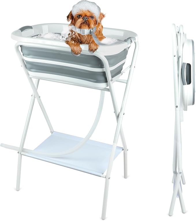 FHTONGE Elevated Dog Bathtub Grooming Station with Drain Adjustable Collar | 2 in 1 Collapsible Dogs Beautify Bathtub Portable Pet Washing Station, Pet Tub for Small Medium Dog Cat Shower Hairdressing