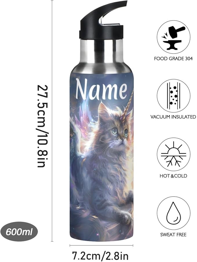 Custom Name Unicorn Cat with Wings Water Bottle with Straw Lid Kids Insulated Stainless Steel Water Flask Sports, 20 Oz Hot Cold