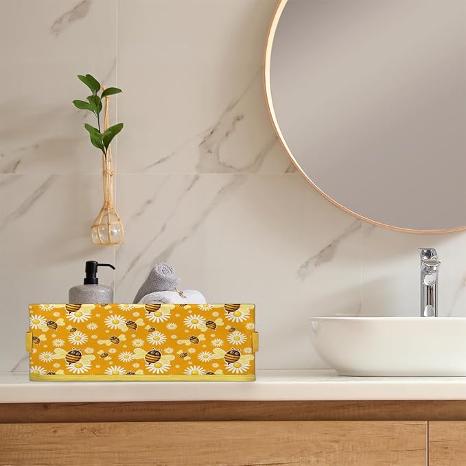 Bee Daisy Cartoon Bathroom Storage Basket, Foldable with Handle Open Countertop Paper Towel Decorative Box, Toilet Tank Top Shelf Baskets for Home Closet Bedroom Living Room Office