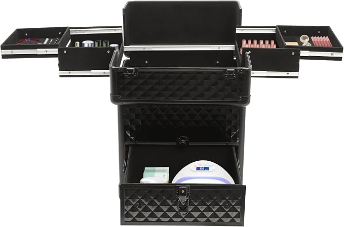Rolling Makeup Train Case with 7 Compartments & Drawer, Large Storage Professional Aluminum Alloy Mobile Organizer on Wheels for Hairstylists, Makeup Artists, Pet Groomers (black)