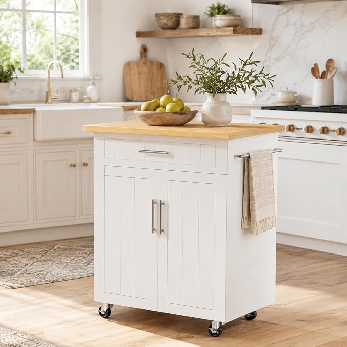 JY QAQA 26" Rolling Kitchen Island Cart on Wheels, Mobile Storage Cabinet with Adjustable Inner Shelves, Kitchen Prep Cart with Towel Rack & Lockable Casters for Small Apartment Kitchen, White