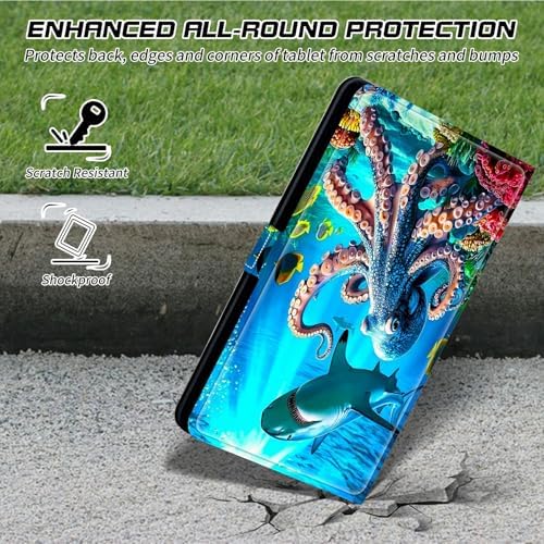 Universal Case for T-Mobile Revvl Tab 2 10.1" Model:9185W 2025/Revvl Tab 5G 10.36" 2023, 360 Degree Rotating Kickstand Protective Stand Leather Shell Cover for 9"-10.5", Underwater Octopus