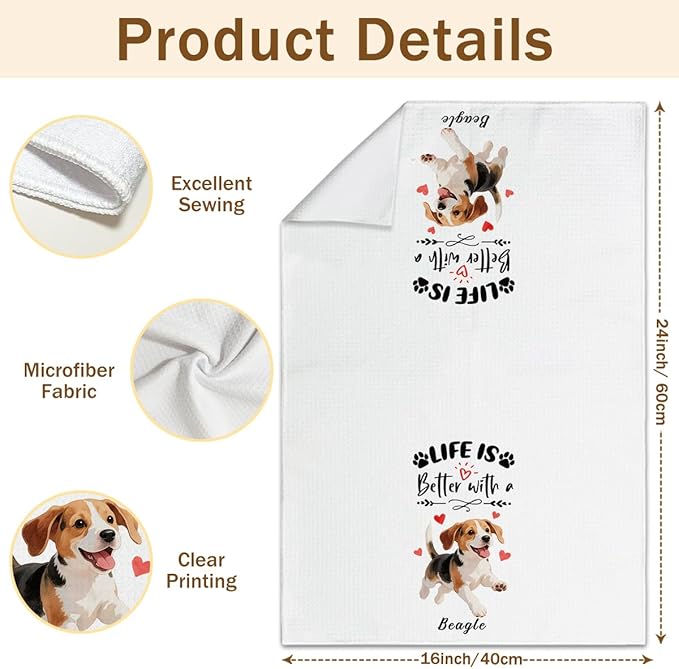 WwongxianB Beagle Dog Kitchen Towels Decorative Set of 2, Funny Tea Towel Hand Towels Highly Absorbent Dish Cloths 16x24 Inches, Bathroom Dining Room Decor, Beagle Gifts for Dog Lovers -03