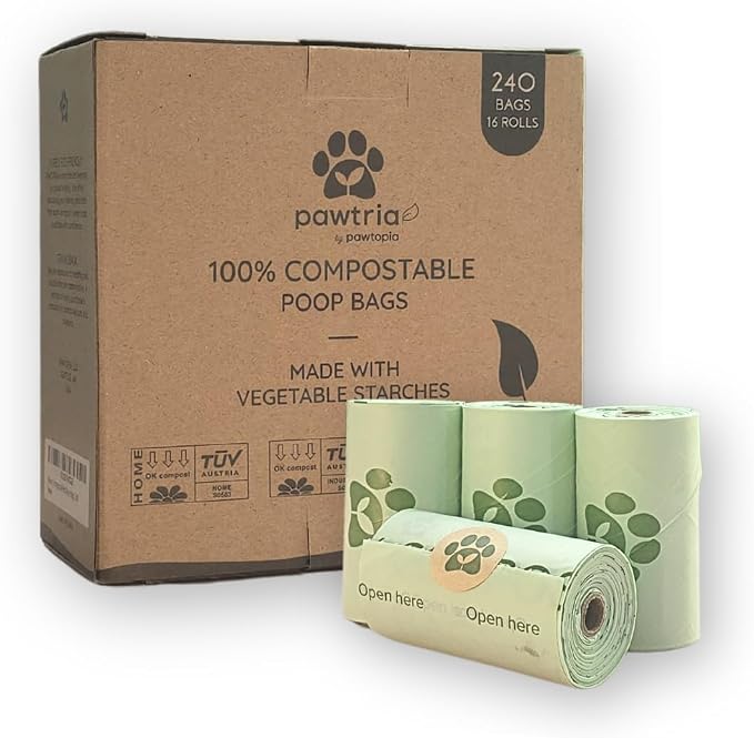 Pawtria Home Compostable Dog Poop Bag Rolls, 240 Bags, 16 Rolls | Leak-Proof Dog Poop Bags Made with Vegetable Starches, TÜV Austria Home Compost Certified, Easy Open Rolls