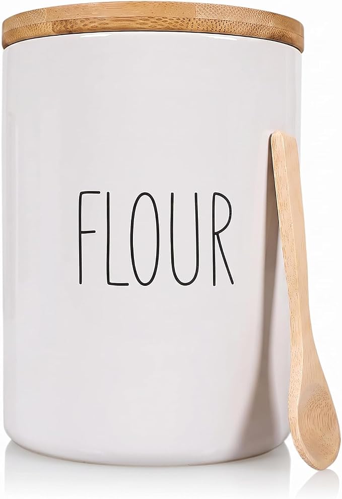 Arthausen Flour Ceramic Storage 4 Cup / 1080mL Container w/Bamboo Lid Silicone Seal & Spoon, Modern Abstract Art Design for Flour Coffee Spice Airtight Storage on Kitchen Counter Bathroom Organizer