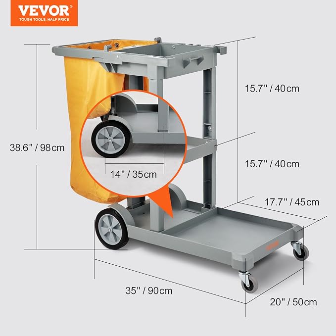 VEVOR Cleaning Cart, 3-Shelf Commercial Janitorial Cart, 200 lbs Capacity Plastic Housekeeping Cart, with 25 Gallon PVC Bag, 47" x 20" x 38.6", Yellow+Grey