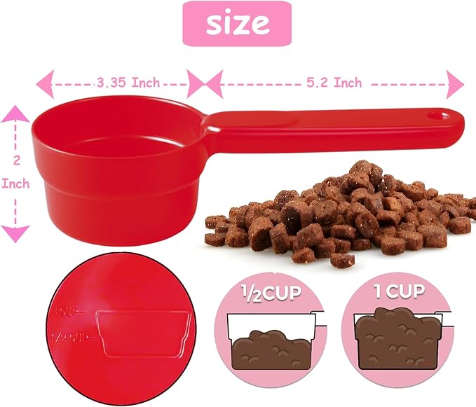 Joyinjojo Dog Food Scoop 1 Cup 1/2 Cup - Melamine Dog Food Measuring Cup, Pet Food Scoop for Dog Cat...Comfortable Long Handle for Easy to Scoop Food, Red 1 Cup