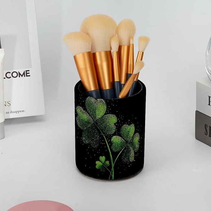 Faux Leather Pen Holder for Desk, Pencil Organizer Shamrock Pen Cup Desk Decor Makeup Brush Holder Storage for Office Home