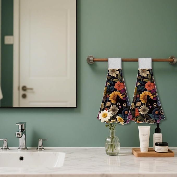 CUTHOLLOW Black Cat and Colorful Flower Hanging Kitchen Towels with Loop, Set of 2-Soft & Super Absorbent Microfiber Decorative Hanging & Hand Towel, Tea Coffee Towel for Kitchen Bathroom Oven Handle
