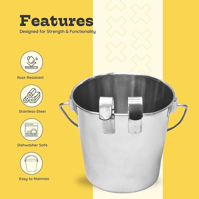 Stainless Steel Flat Side Bucket with Dual Hooks 2 Quart (0.5Gallon)– Heavy Duty Hanging Dog Water & Food Bowl Kennel, Cage & Crate, Durable Pet Pail for Dogs, Cats, Birds & Small Animals