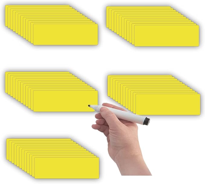 STTMGN Dry Erase Magnetic Labels (1x3,Pack of 60),Write On Magnets Sticker,Real Waterproof/Reusable for Classroom&Office&Cabinet&whiteboard&Fridge&More (Yellow)