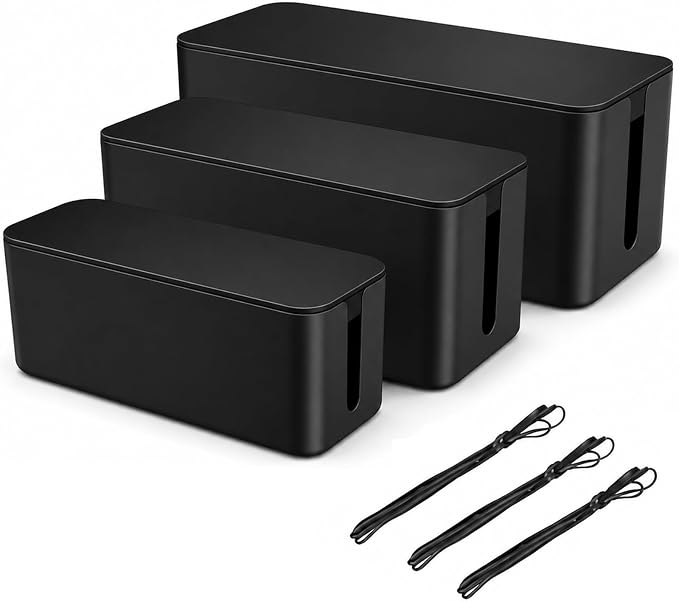 [Set of 3] 3 Cable Management Boxes + 3 Wire Ties, Large Cord Box Organizers to Hold and Hide Power Strip Charger Adapter Power Cord Charging Station USB HUB (Black)
