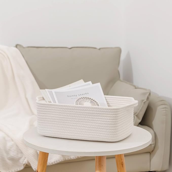 CubesLand Cute and Durable Small Cotton Rope Basket for Organizing | Woven Closet Storage Bin,Shelves Closet Storage Basket, Bathroom Storage Organizer Bin, Nursery Toy Basket Bin, White Basket