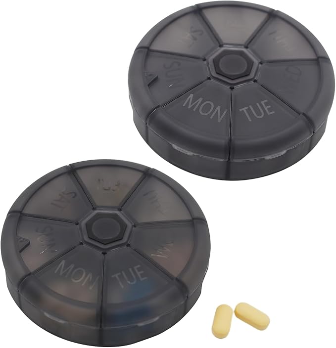 Portable Weekly Pill Organizer (Pack of 2) 7 Day Container,Round Case Travel Friendly,Daily Week Pill Reminder,Vitamin,Supplement,Fish Oil,Medication Planner (Black)
