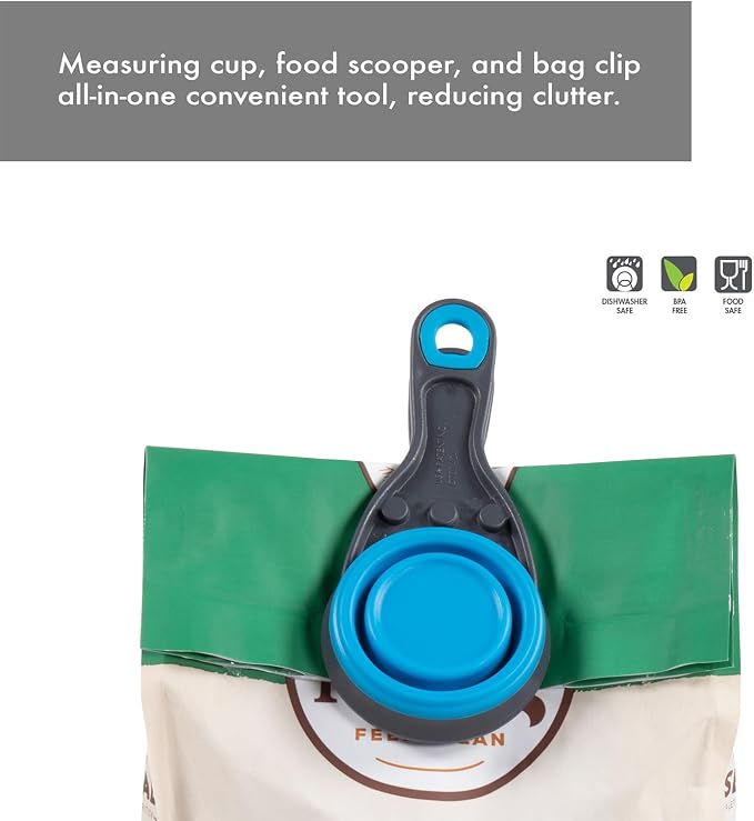 Dexas Popware for Pets Collapsible Klip Scoop, 3-in-1 Pet Food Scoop, Measuring Cup and Bag Clip, 1/2 Cup Capacity, Pro Blue