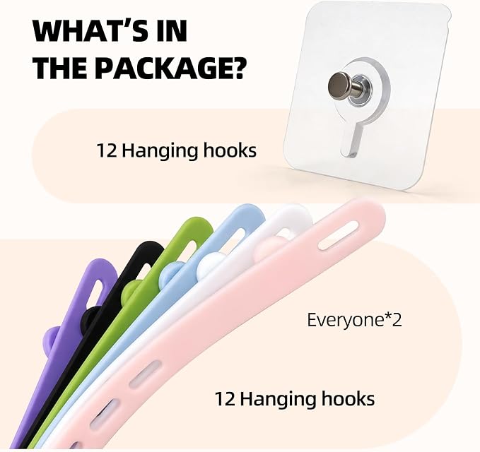Hanging Cable Organizer System with Self Adhesive Hooks (Color-Coded Silicone) | 12 Adhesive Hooks + 12 Reusable Silicone Ties, 6 Colors (2 Each), Strong Hold & No-Drill Setup