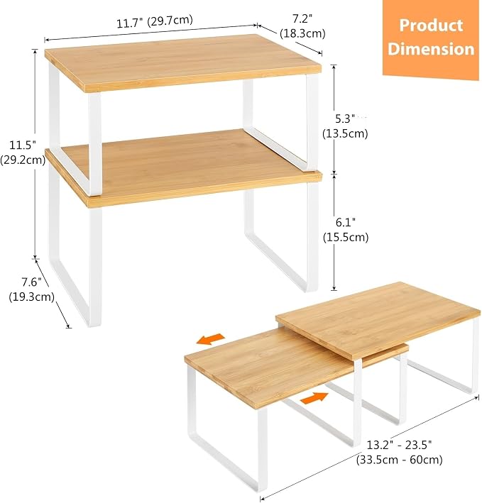NEX Bamboo Kitchen Cabinet and Counter Shelf Organizer, Stackable & Expandable, Set of 4, White and Natural | Stackable & Expandable Spice Rack, Space-Saving Pantry Organizers Bathroom Countertop Storage, White and Natural