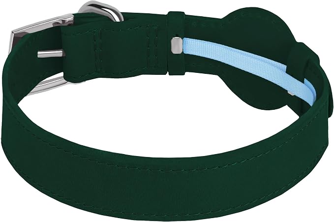 Leather Dog Collar with Airtag Holder - Apple Air Tag Dog Collars - Soft Tracking GPS Pet Collar for Small Medium Large Dogs Breed Puppy (Green, L, 15"-19" Neck Fit)